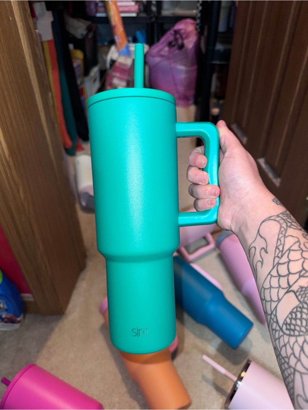 Slim Teal Insulated Travel Tumbler with Handle and Straw